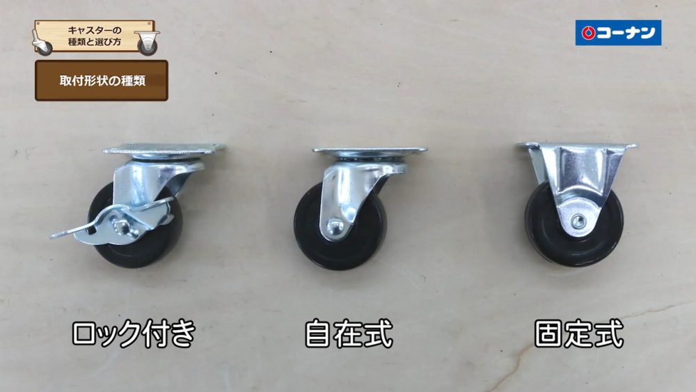 固定車（固定式）、自在車（自在式）、ロック式のキャスターの比較画像