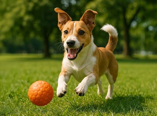 公園でボール遊びをする犬